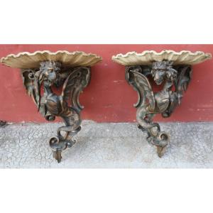 Italy 19th Century, Pair Of Wall Consoles Decorated With Winged Dragons
