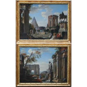 Giovanni Paolo Panini 16914-1765 Entourage Of, Pair Of Animated Architectural Caprices.