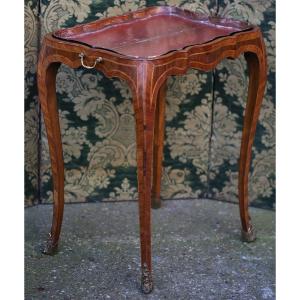 Small Louis XV Period Cabaret Table In Veneer Wood, Mobile Lacquered Wood Top
