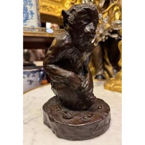 Aimée Nicolas Morot (1850-1913), Zorba Ben Chadi Seated Monkey, Bronze With Valsuani Brown Patina.