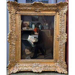 Jean Mayne 1850-1905 Ec Belgian The Young Collector, Oil On Wood 1880 