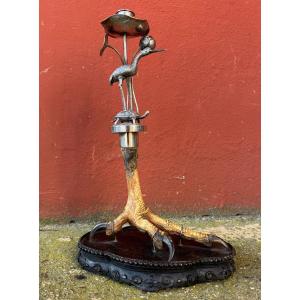 Japan 19th Century, Candlestick With Naturalized Eagle Paw And Wader On A Turtle In Silver.