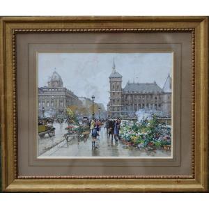 Eugène Galien Laloue 1854-1941, The Flower Market In Paris, Watercolor And Gouache