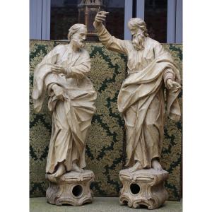 17th Century Venetian School, Pair Of Saints In Carved And Lacquered Wood