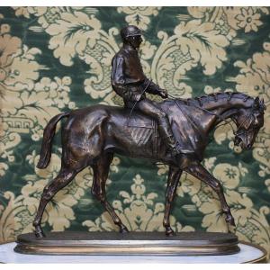 Pierre Jules Mene 1870-1879 Jockey On Horse Antique Proof In Bronze With Brown Patina.
