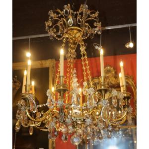 Louis XVI Style 10-light Chandelier In Chiseled And Gilded Bronze With Molded Glass And Faceted Tassels