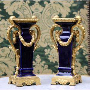 Pair Of Louis XVI Style Vases, In Blue Porcelain And Gilt Bronze, 19th Century