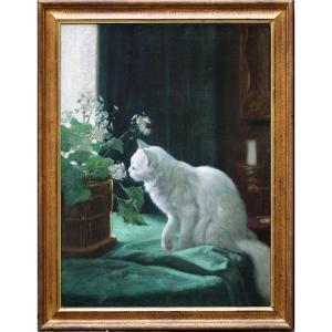 Arthur Heyer 1872-1931, White Cat And Flower Pot Oil On Canvas.