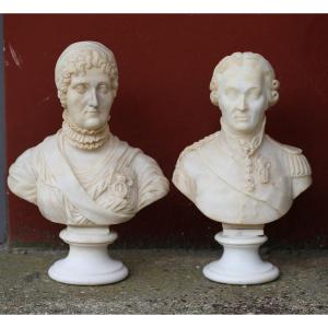 19th Century English School, Bust Of An Officer And His Wife On A Pedestal, White Marble