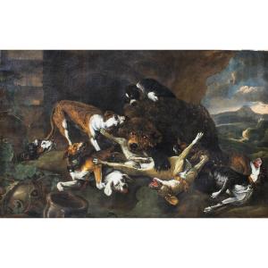Jan Fyt 1611-1661 Entourage Of, Bear Hunting, Important Oil On Canvas.