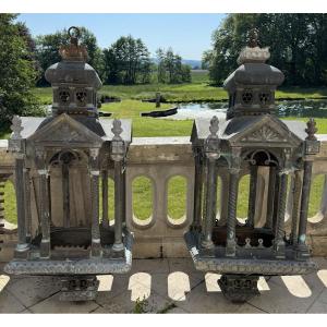 Pair Of Large Copper And Zinc Lanterns In The Shape Of Ancient Temples, Late 19th Century.