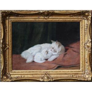 Arthur Heyer 1872-1931 Cat And Her Kitten, Oil On Canvas