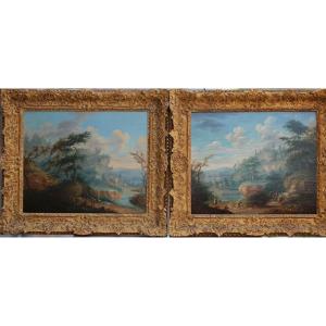 French School, Late 18th Century, Animated Mountain Landscapes, Pair Of Oils On Wood.