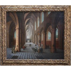 Peter Neefs The Elder 1578-1656 Follower Of, Animated Church Interior, Oil On Canvas.