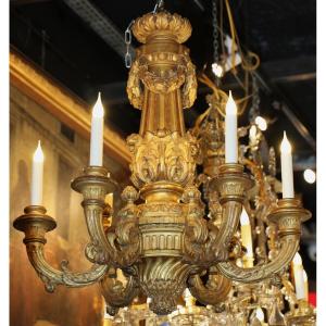 Louis XVI Style Chandelier With 6 Lights, Carved Gilded Wood, Early 20th Century