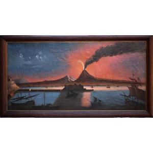 19th Century Italian School, Vesuvius In Eruption And The Bay Of Naples, Oil On Canvas.