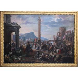 Anton Goubau (antwerp 1616-1698) Animated Imaginary Scene Of A Mediterranean Port.
