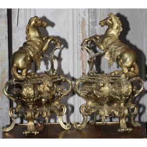Pair Of Gilt Bronze Lights, Rearing Horses, Regency Style, Late 19th Century.
