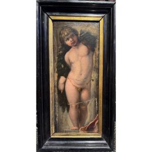 Raphël, After, French School Of The 19th Century, Putto Reggifestone Oil On Canvas 1876.