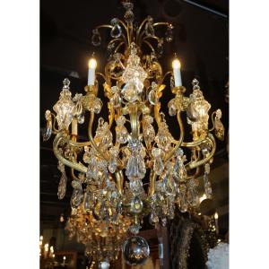Louis XV Style Cage Chandelier Attributed To Henri Vian, Chiseled Gilt Bronze And Crystals.
