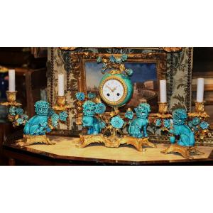 3-piece Louis XV Rococo Style Set In Turquoise Blue Porcelain And Gilt Bronze.