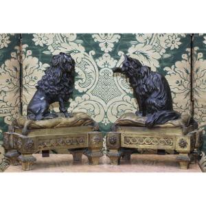 Pair Of Louis XVI Style Firedogs, Poodle Dog And Cat, Model By Caffieri In 1773
