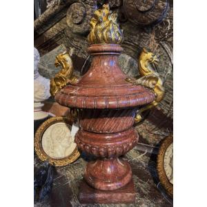 Large Fire Pot Vase In Veined Red Marble And Gilded Bronze With Corbain Head Circa 1880