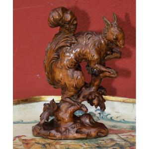 William Gibbs Rogers 1792-1875, Squirrel On A Branch, Wood Sculpture.