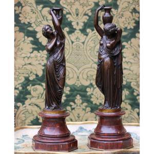 Pierre Loison 1816-1886 Pair Of Female Figures Carrying An Amphora, Mounted As Lamps.