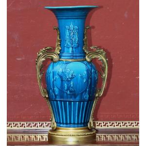 China, 19th Century, Baluster Vase In Turquoise Glazed Porcelain, With Floral Decoration, Gilt