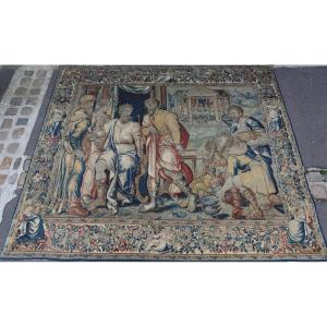 17th Century Flemish Tapestry Depicting A Biblical Scene Of King David Surrounded By Religious Figures.