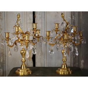 Pair Of Louis XV Style Girandoles Circa 1880, In Gilt Bronze And Rock Crystal.
