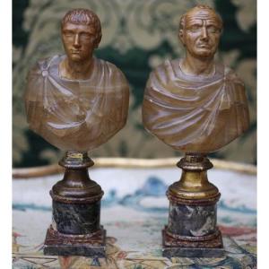Italian School Of The 18th Century, Pair Of Busts Of Roman Emperors In Onyx And Marble.