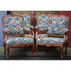 Set Of 4 Louis XV Period Armchairs, Waxed, Molded And Carved Beechwood, Stamped Sene Le Pere