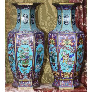 China, Late 19th Century, Pair Of Vases With Cut Sides, Decorated With Cloisonné Enamel Samples.
