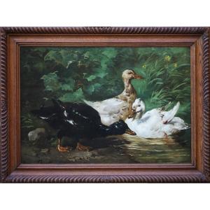 Henry Schouten (1860-1927), Ducks Frolicking In A Stream.