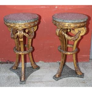 Pair Of Louis XVI Style Tripod Side Tables, Late 19th Century, Gilded And Carved Wood.