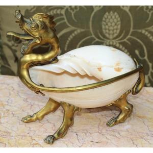 Large Trinket Dish, Zoomorphic Dragon, Seashell And Gilt Bronze, 19th Century