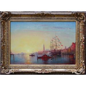 Charles Clément Calderon 1870-1906, The Grand Canal In Venice With A Flag-draped Sailing Ship. 