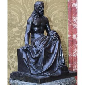France 19th Century, Seated Figure Of A Philosopher Or Jesus, Dressed In A Drape Over The Legs, Bronze.