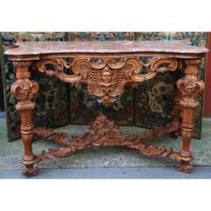 Italian Console Table From The Early 18th Century, Piedmontese Work In Carved Linden And Fir Wood.