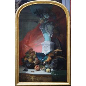 French School, Late 19th Century, Still Life With Fruit, Parrot And Vase Of Flowers.
