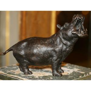 Japan Meiji Period 1868-1912, Roaring Hippopotamus, Patinated Bronze Cast.
