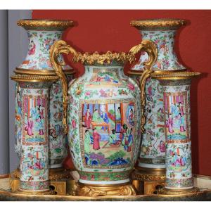 5-piece Canton Porcelain Dinner Service From The Late 19th Century, Gilt Bronze Mount.