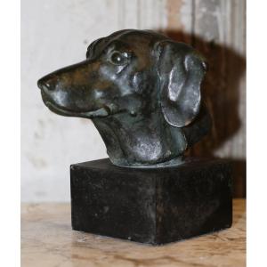 Lucien Valsuani 1906-1975 Dachshund Dog Head, Lost-wax Bronze With Brown Patina.