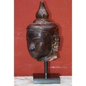 Burma 18th Century, Head Of Buddha In Lacquered And Gilded Sandstone.