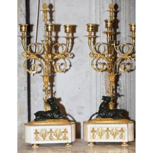 Pair Of Louis XVI Period Candelabra, Stag And Doe, 3 Lights.