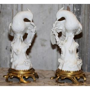 Pair Of Meissen-style White Porcelain Birds Perched On Branches, 19th Century