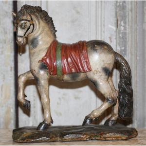 Northern Italy, 18th Century, Grey Horse In Carved And Lacquered Wood.