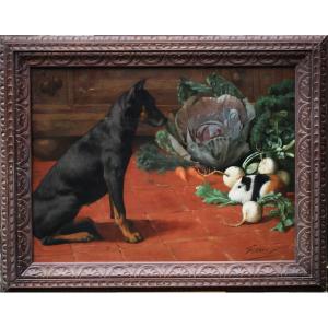 Italian School, Late 19th Century: A Seated Dog Watching A Guinea Pig In The Vegetables